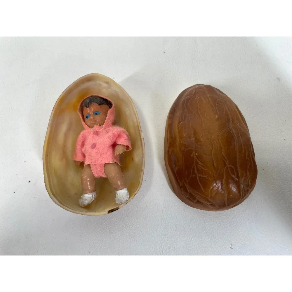 Vintage Miniature Baby Doll in Plastic Walnut Shell Case Made in Hong Kong Pink